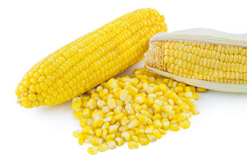 close up of sweet corn, ear of corn and canned corn isolated on white background, selective focus (detailed close-up shot)