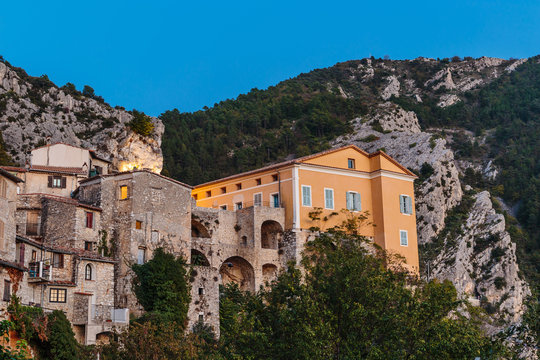 Mountain old village Peille, Provence Alpes, France. Night view