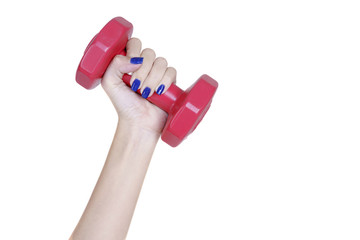 Woman 's hand holding red light weight dumbbell isolated on white background