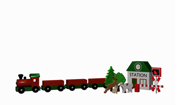 Holzspielzeug für eine Eisenbahn mit Text Bahnhof in englisch