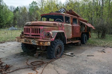 Rusty fire engine in Chernobyl Nuclear Power Plant Zone