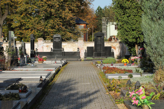 various decorated graves on the cemetery in Sviadnov, Czech Republic, October 7, 2017