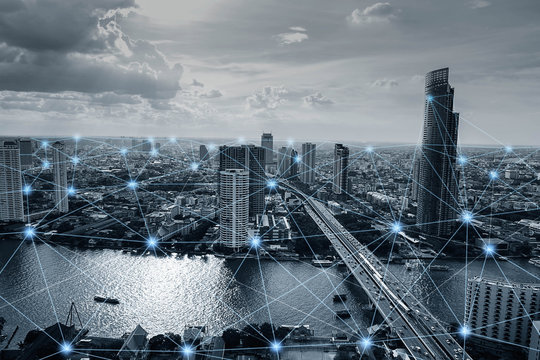Black and white smart city with network connections, communication technology concept