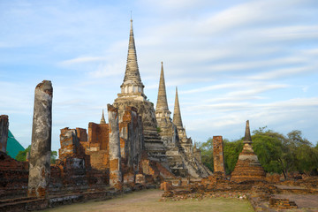 Cloudy morning on the ruins of a Buddhist temple Wat Phra Si Sanphet. Ayutthaya, Thailand
