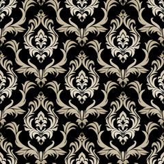 Seamless retro damask Wallpaper - silver floral Ornament on black.