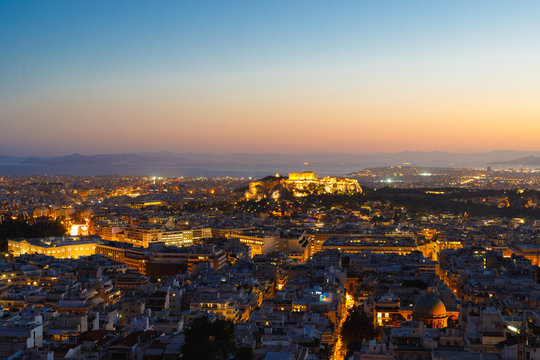 Acropolis with Parthenon at night, Athens, Greece, view from Lycabettus Hill