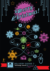 Christmas neon technology banner for goods delivery. May be use it for on-line stores. Bright different computer icon on black background. Christmas tree with falling sale snowflakes