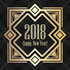 2018 New Year greeting card in art deco golden style. Template for design. Vector illustration eps10