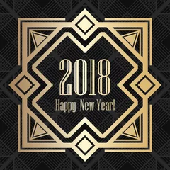 Poster Vintage labels 2018 New Year greeting card in art deco golden style. Template for design. Vector illustration eps10