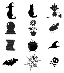 Set of black Halloween or magic  icons isolated  on white background. Vector illustration, icons, clip art.