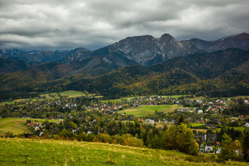 Fototapeta na wymiar Panorama of Tatra mountains and Zakopane city from Koscielisko, Poland