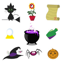 Set of  cute colored  Halloween magic icons isolated on white background. Vector illustration, icons, clip art.