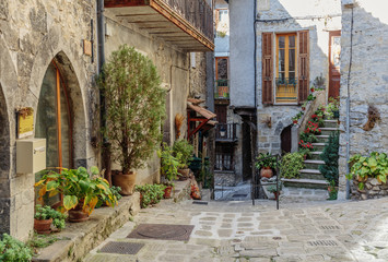 Fototapeta na wymiar Narrow cobbled streets with flowers in the old village Lyuseram, France