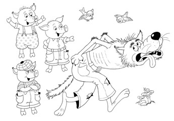 Three little pigs. Fairy tale. Cute pigs and a hungry wolf. Coloring page. Illustration for children. Funny cartoon characters