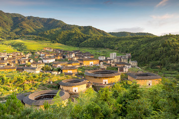 aerial view of Chuxi Tulou cluster in fujian, china
