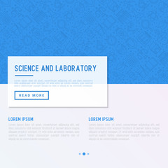 Science and laboratory concept with thin line icons of scientist, dna, microscope, scales, magnet, respirator, spirit lamp. Vector illustration for banner, web page, print media.