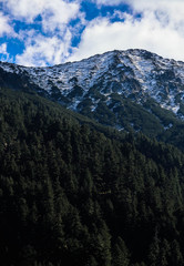 Fototapeta premium Photo depicting a beautiful moody frosty landscape. European alpine mountains with snow peaks on a blue sky background.