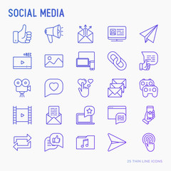 Social media thin line icons set: thumbs up, share, link, send e-mail, music, stream, comments. Vector illustration.