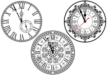 Clock Faces with Ornamental Decoration - Black and White Design Elements, Vector Illustration