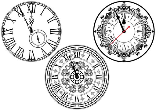 Clock Faces with Ornamental Decoration - Black and White Design Elements, Vector Illustration