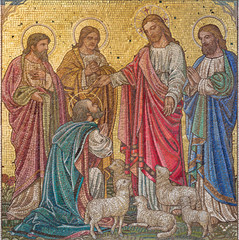 LONDON, GREAT BRITAIN - SEPTEMBER 17, 2017: The scene in the mosaic  ‘Feed my sheep’ - Jesus give the power to St. Peter in church St. Barnabas by Bodley and Garner (end of 19. cent.).