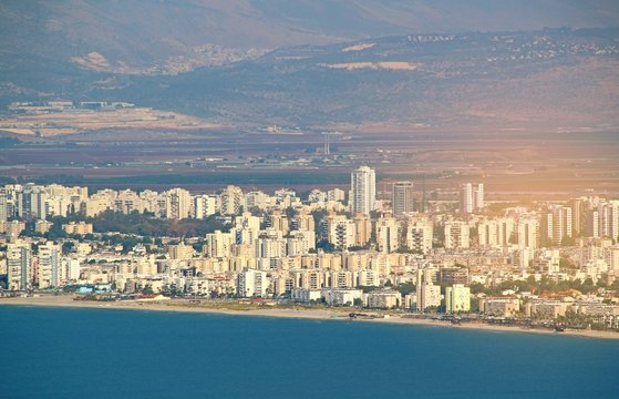 Panoramic view from Haifa to coastline of Krayot in Israel.