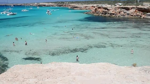 FORMENTERA, SPAIN - JUNE 2015: Island beach aerial view in summer season. Formentera is a famous destination in Europe.