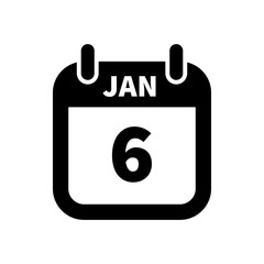 Simple black calendar icon with 6 january date isolated on white