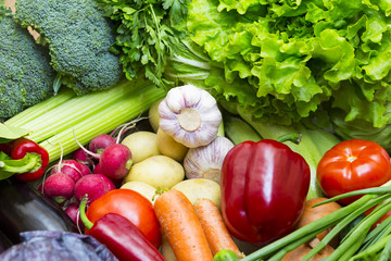 Fresh vegetables background close-up of tomatoes, cucumbers, onions, mushrooms
