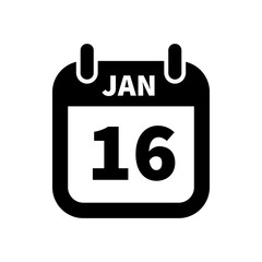 Simple black calendar icon with 16 january date isolated on white