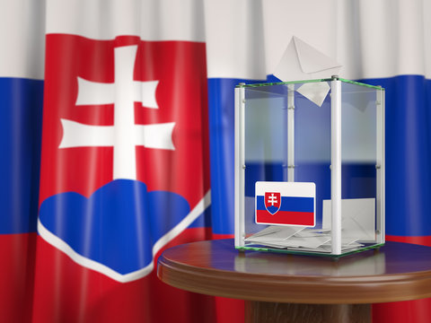 Ballot box with flag of Slovakia and voting papers. Slovak presidential or parliamentary election .