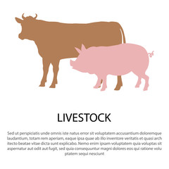 Livestock Poster with Pink Pig and Cow Silhouettes