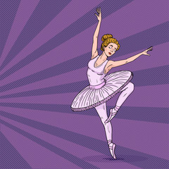 Ballerina pop art. Ballet studio poster design template. The woman in a ballet tutu turns on one leg. Purple colors and gently pink colors.