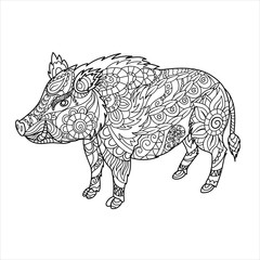 Wild boar coloring book. Forest animal in doodle style. Anti-stress coloring for adult. Zentangle picture, illustration.