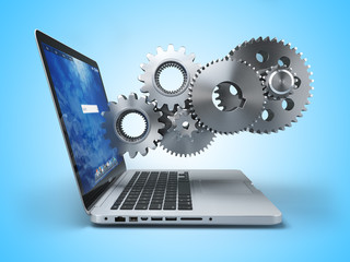 Laptop and gears. Computer technology, online support pc service concept.