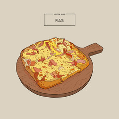 Pizza on the wooden board hand draw sketch vector.