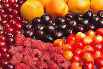 many different berries on a white table, apricots, currants, raspberries, cherry