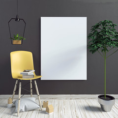 Modern interior with poster and chair. poster mock up. 3d illustration.