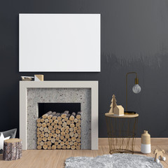 Modern Christmas interior with a decorative fireplace, Scandinavian style. 3D illustration. poster mock up