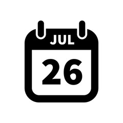 Simple black calendar icon with 26 july date isolated on white