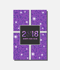 Purple vector vintage gift card design with shining rounds background. New Year 2018 concept. Vector illustration