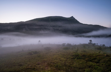 Foggy view from Lofoten Norway at bright summer night.