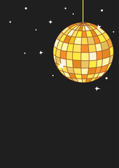 Golden disco ball black background with copy space