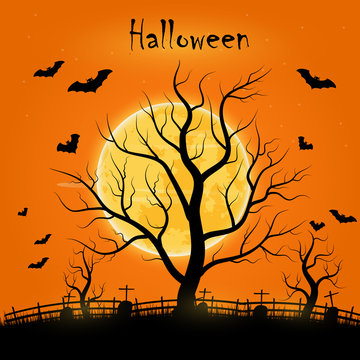 Vector Halloween day with trees, bats and a full moon On an orange background