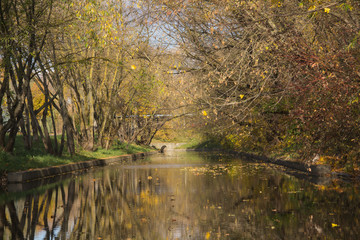 Fototapeta na wymiar Autumn colors along a peaceful river. Bridge
