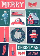 Christmas greeting card. Mid-century style. Vector illustration.