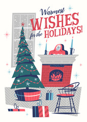 Christmas greeting card. Mid-century style. Vector illustration.
