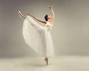 Obraz premium Ballerina. Young graceful woman ballet dancer, dressed in professional outfit, shoes and white weightless skirt is demonstrating dancing skill. Beauty of classic ballet.
