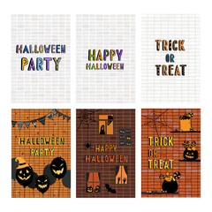 Hand drawn vector illustration of Halloween greeting card set.Happy Halloween, Party, Trick or Treat cute font.