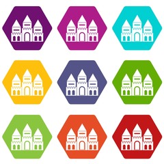 Children house castle icon set color hexahedron